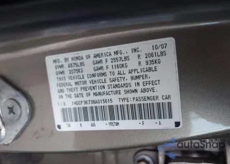 2008 Honda Accord 3.5 Ex z USA, uszkodzony, nr VIN 1HGCP36738A015615